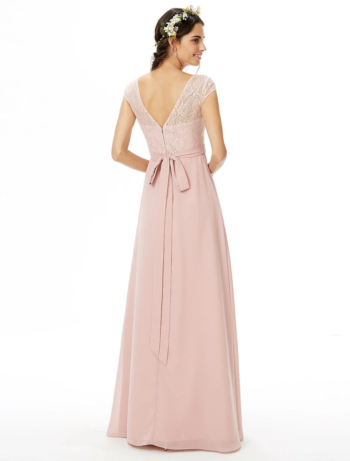Wholesale Sheath / Column Bridesmaid Dress Bateau Neck Short Sleeve Elegant Floor Length Chiffon / Lace with Lace / Sash / Ribbon / Bow(s)